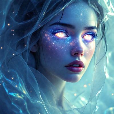 The primary subject of the image is a woman with blue eyes and a blue veil. She is wearing a blue veil and has a blue glow around her eyes. The setting is a blue background, which adds to the overall atmosphere of the image. The visual style is a digital art or illustration, creating a surreal and dreamy effect. The colors and mood of the image are predominantly blue, giving it a serene and otherworldly feel.